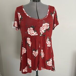 Red Floral Short Sleeve Blouse with Scoop Neckline